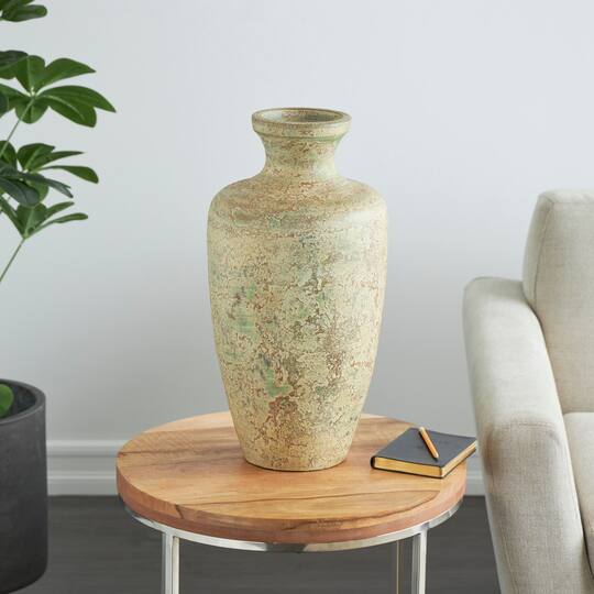Brown Ceramic Vase with Green Accents
